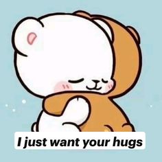 a brown and white teddy bear hugging it's face with the caption, i just want your hugs