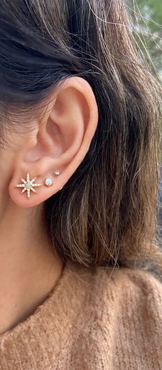 Pair these beautiful star opal studs with more earrings or wear alone. Perfect for day or night.  16k gold plated brass, cubic zirconia, lab created Opal. Blue Opal Earrings, Opal Stud Earrings, Celestial Earrings, Jewelry Opal, Stackable Rings Silver, Star Stud Earrings, Moon And Star Earrings, Dainty Studs, Opal Earrings Stud