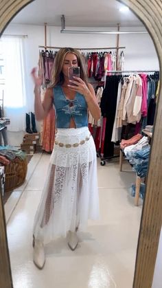 Sheer Lace Maxi Skirt Outfit, Lace Skirt Festival Outfit, Chic Lace Maxi Skirt With Lace Trim, White Lace Patchwork Long Skirt, Lace Patchwork Maxi Skirt, Summer Party Skirt With Lace Top, Lace Tiered Skirt Bottoms With Lace Patchwork, Chic Lace Lined Maxi Skirt, Summer Party Skirt With Lace Trim