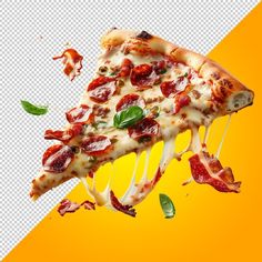 a slice of pizza with cheese and pepperoni falling into the air on an orange background