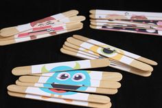 toothpicks with cartoon characters on them are arranged in the shape of monster faces