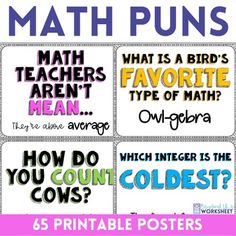 four different types of posters with the words math puns written on them and an image of