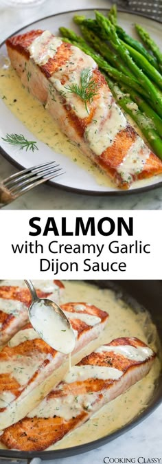 salmon with creamy garlic sauce and asparagus on a plate