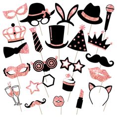 pink and black photo booth props for a masquerade birthday party or baby shower