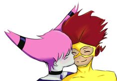 two cartoon characters are kissing each other with pink hair and yellow glasses on their heads