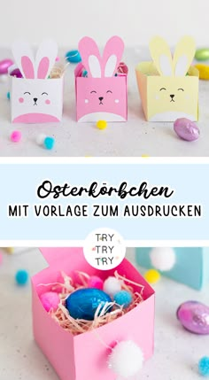 an easter egg box with bunny ears in it and the text overlay reads, osterbergen mit vollage zu ausdrecken try try try try try