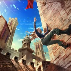 a woman flying through the air near a castle