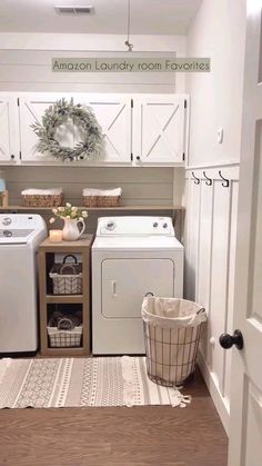 the laundry room is clean and ready to be used as a washer and dryer