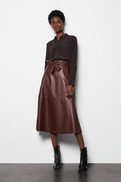 Designed To Elevate Your Day-To-Day Styling, This Leather Skirt Is What You'Ll Be Wearing On Repeat. It Features Patchwork Panelling, Tie-Waist Belt With Stitched Detail, Side Pockets And Comes In A Midi Length. Black Skirt Outfits, Skirt Collection, Velvet Clothes, Leather Tie, Warm Spring, Winter 2023, On Repeat, Karen Millen, Style Profile