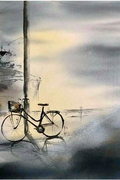 a painting of a bike parked next to a pole