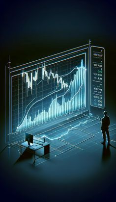 a man standing in front of a computer screen with an image of a stock chart on it