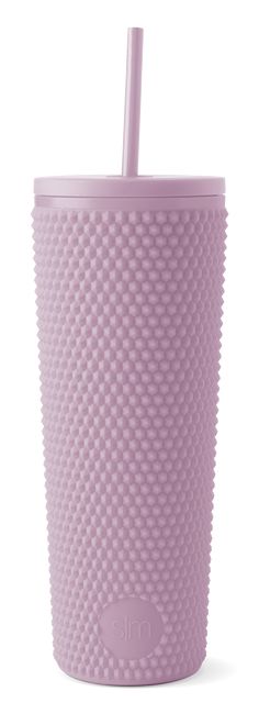 a purple cup with a straw in it