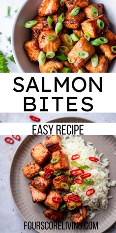 salmon bites and rice on a plate with text overlay that reads salmon bites easy recipe