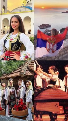 the collage shows people dressed in traditional clothing and some with flags on their heads