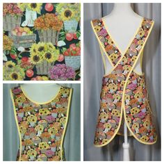 the back of a dress with sunflowers on it and an image of flowers in baskets