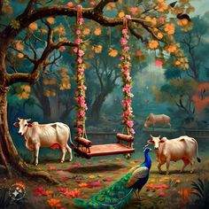 a painting of two cows and a peacock on a swing in the middle of a forest