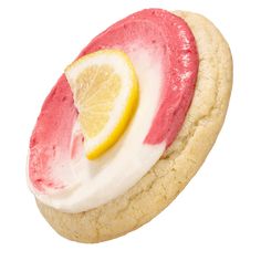 a close up of a cookie with a lemon slice on top