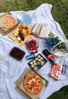 a picnic blanket with pizza, fruit and other food items on it in the grass