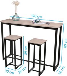 the table and stools are shown with measurements for each piece in front of them