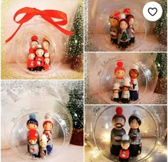 four different pictures of christmas ornaments in the shape of people inside a glass ornament