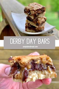 a hand holding a piece of dessert bar with the words derby day bars above it