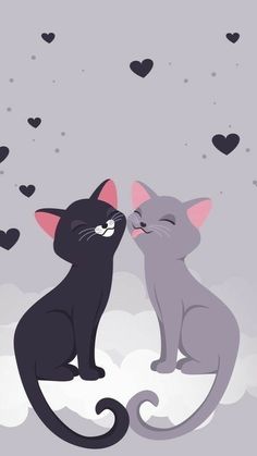 two cats sitting next to each other with hearts in the background