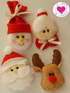 four felt santa claus and reindeer head brooches