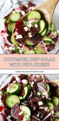 cucumber beet salad with feta cheese in a glass bowl and wooden spoon