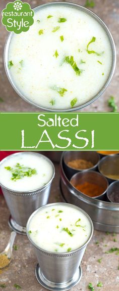 two bowls filled with different types of food and the words salted lassi above them