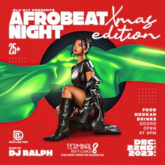 the flyer for afrobeats night, featuring a woman in black leather outfit and boots