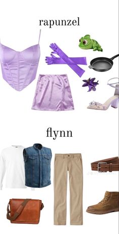 clothes and accessories are arranged in the shape of an airplane, with words that read rapunzel, fynn