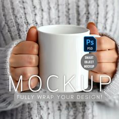 a person holding a coffee mug with the text mock up