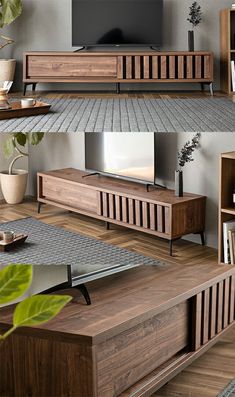 a living room with wooden furniture and bookshelves on the wall, in front of a flat screen tv