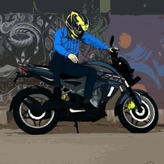 a man riding on the back of a motorcycle next to a wall with graffiti all over it