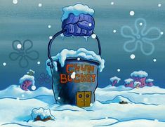 an animated image of a bucket in the middle of snow with words chum bucket written on it