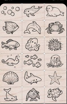 a drawing of different types of animals and fish