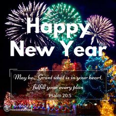 a fireworks display with the words happy new year in front of it and an image of a