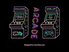 an image of a neon video game machine with the words let's play on it