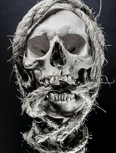 a skull with a beard and mustache on it's head is wrapped in barbed wire