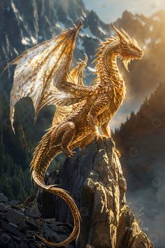 Golden Sunbeam Dragon, a creature of radiant beauty, with scales that gleam like pure gold. Its wings are like sunlight, casting a warm glow wherever it goes Magical Dragon Art, Mythical Animal Art, Golden Dragon Aesthetic, Dragon Decorations Diy, Golden Wyvern, Gold Dragon Aesthetic, Beautiful Dragon Art, Gold Dragon Art, Golden Dragon Art