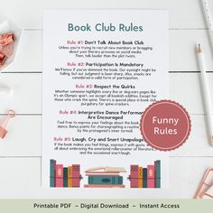 the printable book club rules is displayed on a white table with pink ribbon and pencils