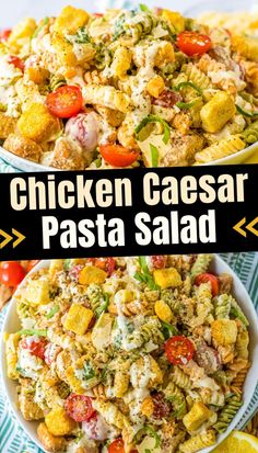 chicken caesar pasta salad with tomatoes and other vegetables