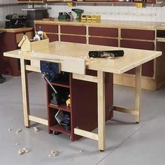 a workbench with tools on it in a garage