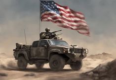 an army truck driving through the desert with an american flag on top