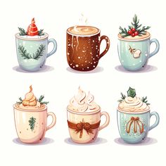 coffee cups decorated with christmas decorations and holly wreaths are shown in different styles, from hot cocoa to latte