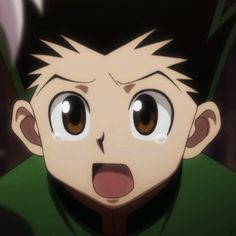 an anime character with big brown eyes looking at the camera and making a surprised face