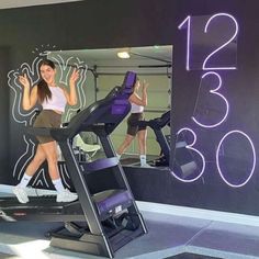 a woman running on a treadmill in front of a mirror with the number 350