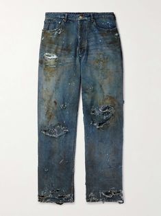 BALENCIAGA Super Destroyed Wide-Leg Jeans for Men Blue Rigid Denim Deconstructed Jeans, Blue Deconstructed Rigid Denim Jeans, Blue Deconstructed Cotton Jeans, Distressed Dark Wash Cotton Jeans, Distressed Indigo Denim Jeans, Distressed Indigo Cotton Jeans, Distressed Washed Blue Cotton Jeans, Blue Stonewashed Cotton Jeans, Rugged Distressed Blue Jeans