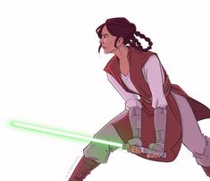 a drawing of a woman with a green light saber in her hand and an orange light behind her