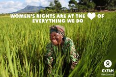 a woman kneeling in tall grass with the words women's rights are at the heart of everything we do